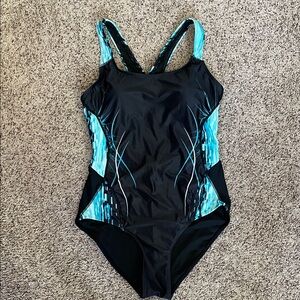 Women’s Black & Teal Athletic One-Piece Swimsuit